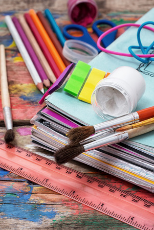 school accessories on wooden tableの写真素材