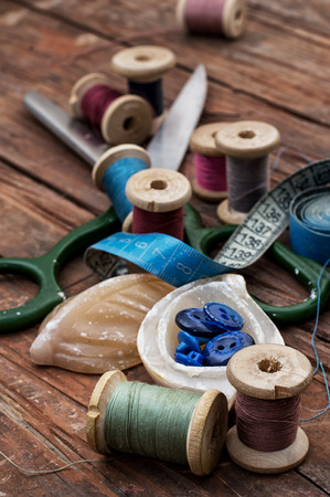 threads of different types,colors and lengthsの写真素材