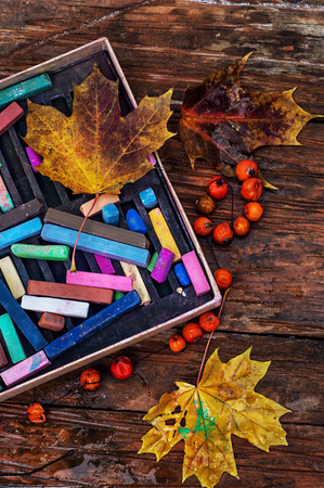 color paints,crayons and pencils for drawing in old styleの写真素材
