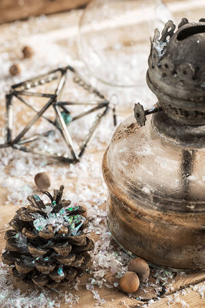 postcard with Christmas accessories in vintage styleの写真素材