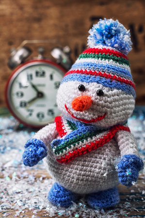 knitted from wool figurine Christmas snowmanの写真素材