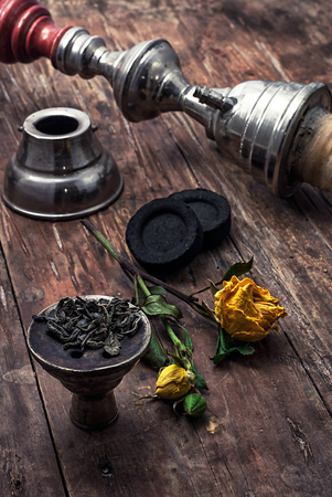details Shisha and accessories on wooden backgroundの写真素材