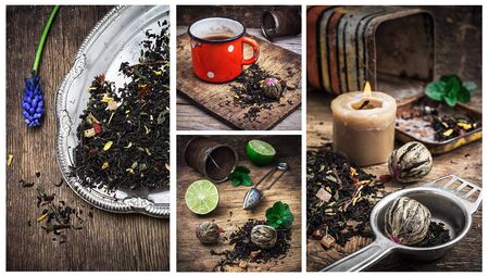 collage of tea paraphernalia and scattered leaves on wooden table.の写真素材
