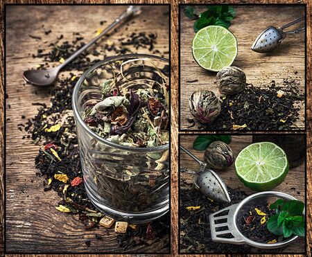 collage of tea paraphernalia and scattered leaves on wooden tableの写真素材