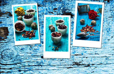 collage of tea paraphernalia and scattered leaves on wooden tableの写真素材