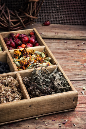 wooden box with herbs traditional medicine from home kit in the rural style.Selective focusの写真素材
