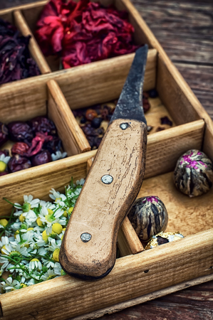 box collected in the fall of medicinal herbs for teas and medicinal teasの写真素材