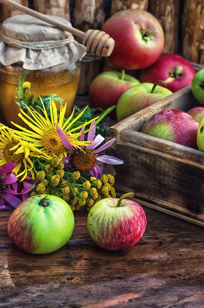 Still life from the harvest of ripe apples and honey to the Church celebration of the apple feast dayの写真素材