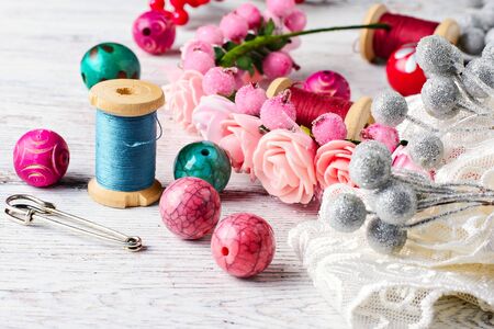 composition with beads and embellishments for needlework in bright colorsの写真素材