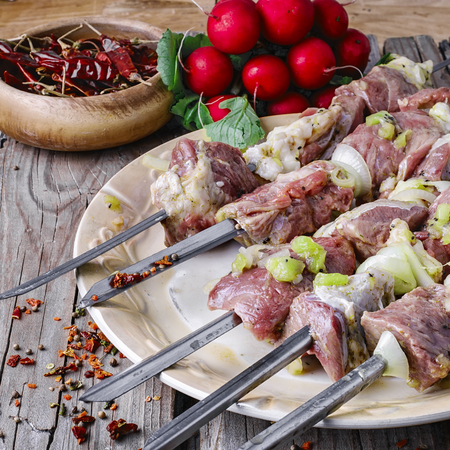 raw meat with vegetables threaded onto a skewer for roasting on the coalsの写真素材