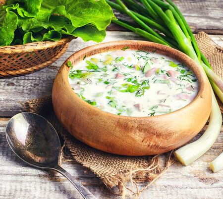 cold summer soup of fresh vegetables, meat and yogurtの写真素材
