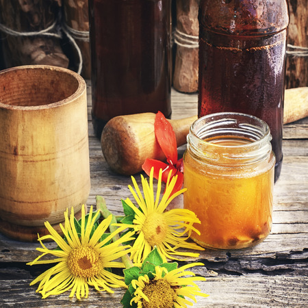 Medicinal folk remedy tincture from the roots of inulaの写真素材
