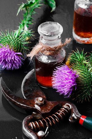 Flowers medicinal plants, the Thistle and the healing elixir from themの写真素材
