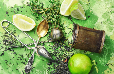 Dry tea leaf and fresh thyme for teaの写真素材