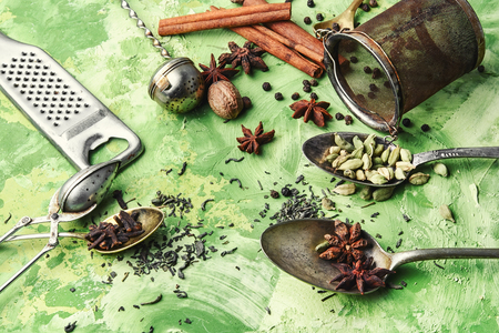 spices and ingredients for Indian masala teaの写真素材