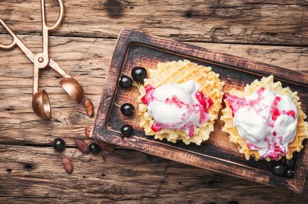Ice cream on baked wafers with cherriesの写真素材