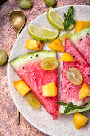 vegetarian fruity salad with watermelon,lime and grapesの写真素材