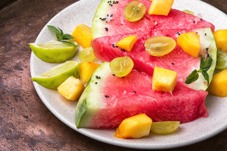 vegetarian fruity salad with watermelon,lime and grapesの写真素材