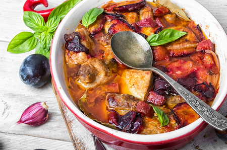 dish of pork stewed in plum sauceの写真素材