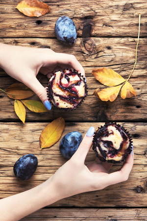 Hand with cupcake above the table with autumn leavesの写真素材