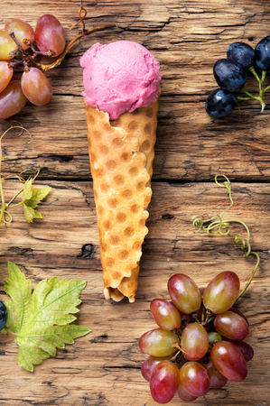 Summer grape ice cream in a waffle cup coneの写真素材