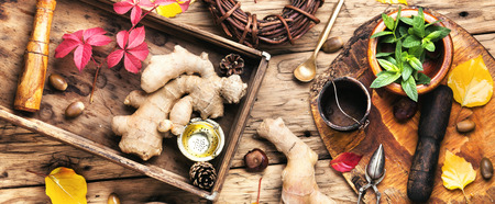 Ginger root and natural medical ingredients for medicinal tea and tincturesの写真素材