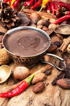 cup with melted hot chocolate, cocoa beans, nuts and spicesの写真素材