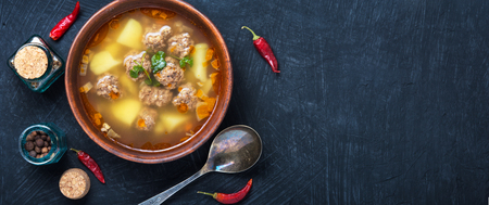 Traditional Russian soup with meatballs and red pepper.Copy spaceの写真素材