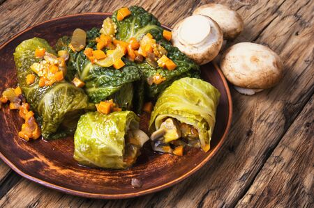 Vegetable cabbage rolls in leaf of savoy cabbage.Ukrainian foodの写真素材