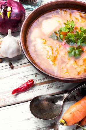 Traditional food of national Ukrainian cuisine. Borscht with meat and vegetablesの写真素材