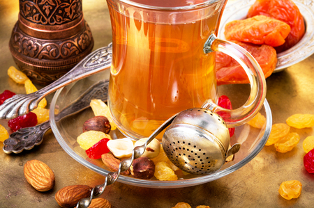 turk tea with nuts and oriental sweets.Tea still lifeの写真素材