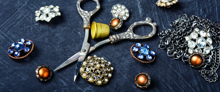 Fashionable brooches and buttons from clothing. Retro style