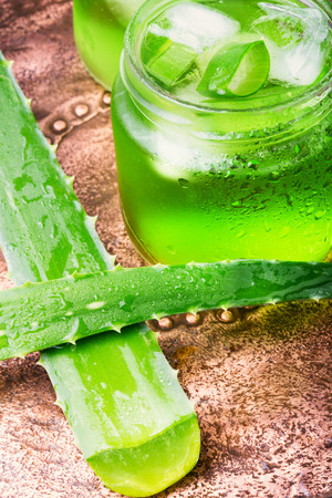 fresh sliced aloe vera leaves and aloe vera juiceの写真素材