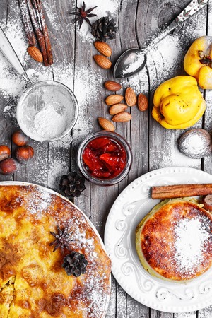 Rustic pie with quince and jam with spicesの写真素材