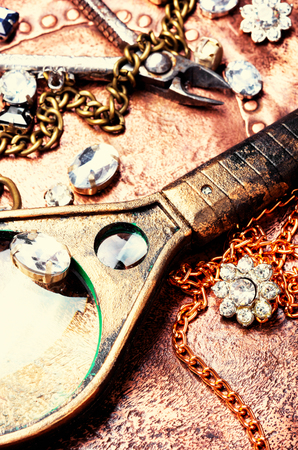 jewellery making with professional tools on retro backgroundの写真素材