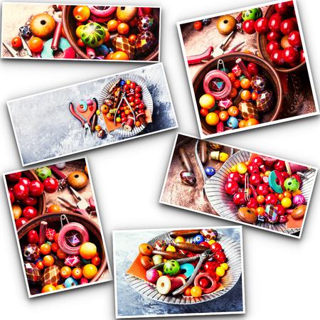 collage of pictures with elements of needlework of beadworkの写真素材