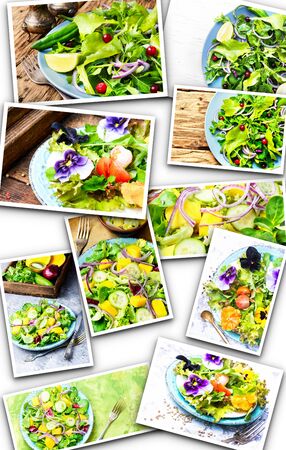 Collage with vegan salad of vegetables, herbs and mango.の写真素材