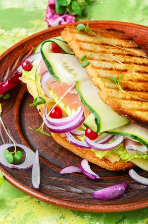 Sandwiches with beef bacon,cheese,lettuce and onions.Fast foodの写真素材