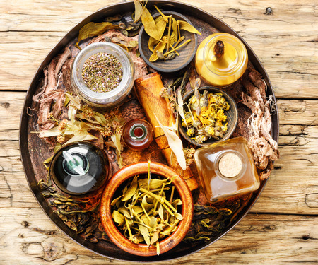 Natural herbal medicine,medicinal herbs,roots and herbal medicinal tinctures.Natural herbs medicineの写真素材