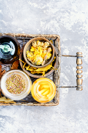 Natural herbal medicine,herbs,root and herbal medicinal tinctures.Natural herbs medicineの写真素材