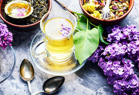 Cup of fragrant spring tea and a branch of blossoming spring lilac.Herbal teaの写真素材