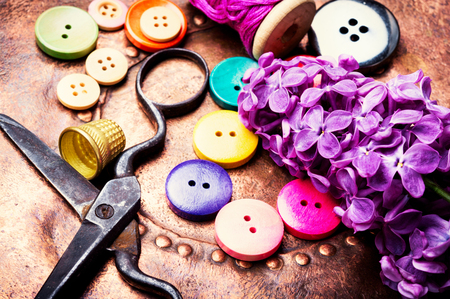 Set buttons from clothes, threads and scissors.Sewing accessories.の写真素材