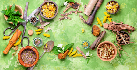 Natural herbal medicine,medicinal herbs and herbal medicinal root.Natural herbs medicineの写真素材