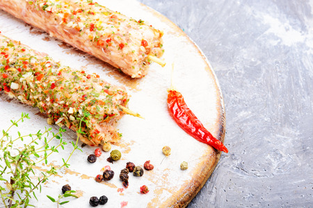 Raw turkish traditional dish meat kebab with herbs and spicesの写真素材