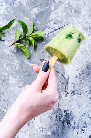 Vanilla ice cream with fresh mint in handの写真素材