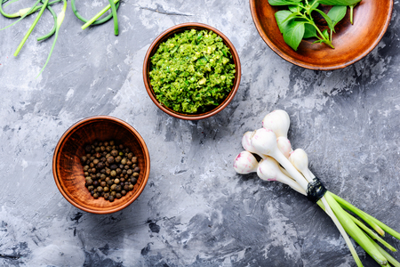 Homemade italian pesto sauce and ingredients.Italian foodの写真素材