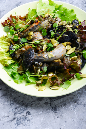 Autumn salad with wild mushrooms and lettuce.Vegetarian foodの写真素材