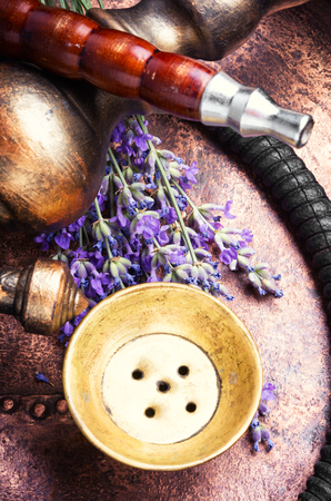 Smoke hookah with lavender floral .Shisha concept.Hookah conceptの写真素材