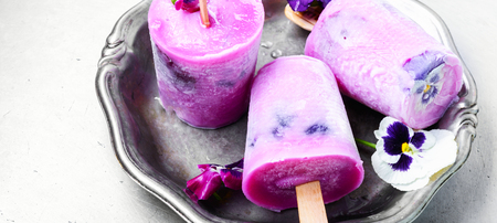 Summer vanilla ice cream with fresh flowersの写真素材