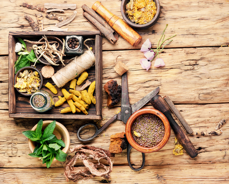 Natural herbal medicine,medicinal herbs and herbal medicinal root.Natural herbs medicine.Healing herbsの写真素材